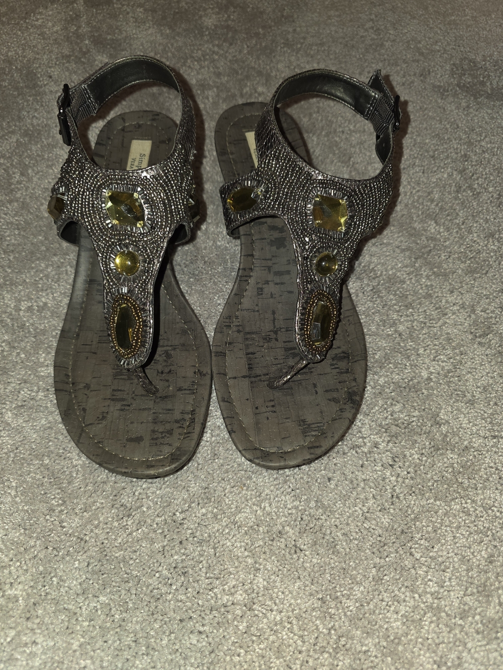 Vera Wang Beaded T-Strap Sandals with Amber Gems - Bronze